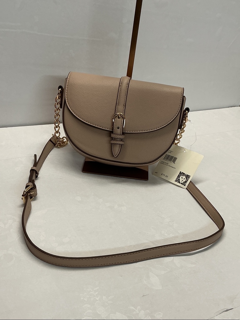 Anne Klein Taupe Pebble Leather Crossbody with Gold Chain